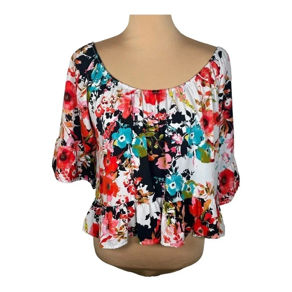 Peach Love California Floral Peplum Crop